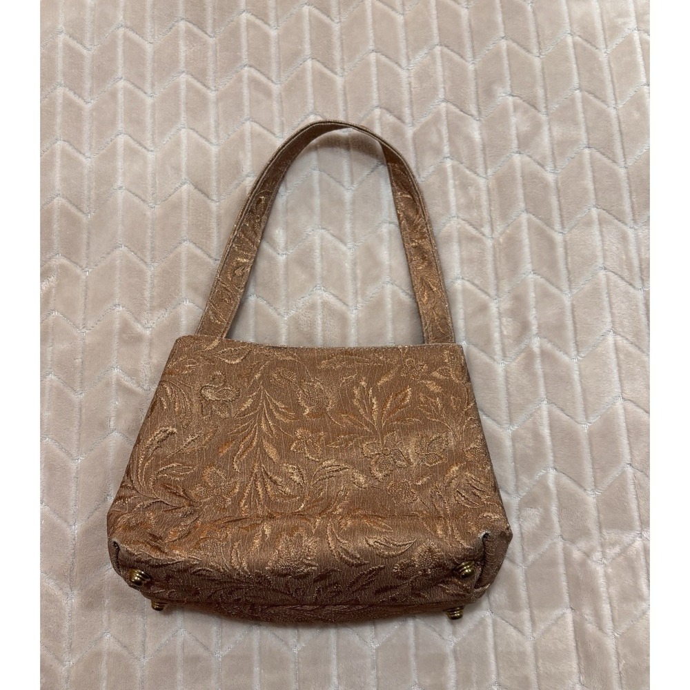 Merlin Vintage Gold Brocade Floral Top Handle Evening Bag Clutch Purse USA 90s